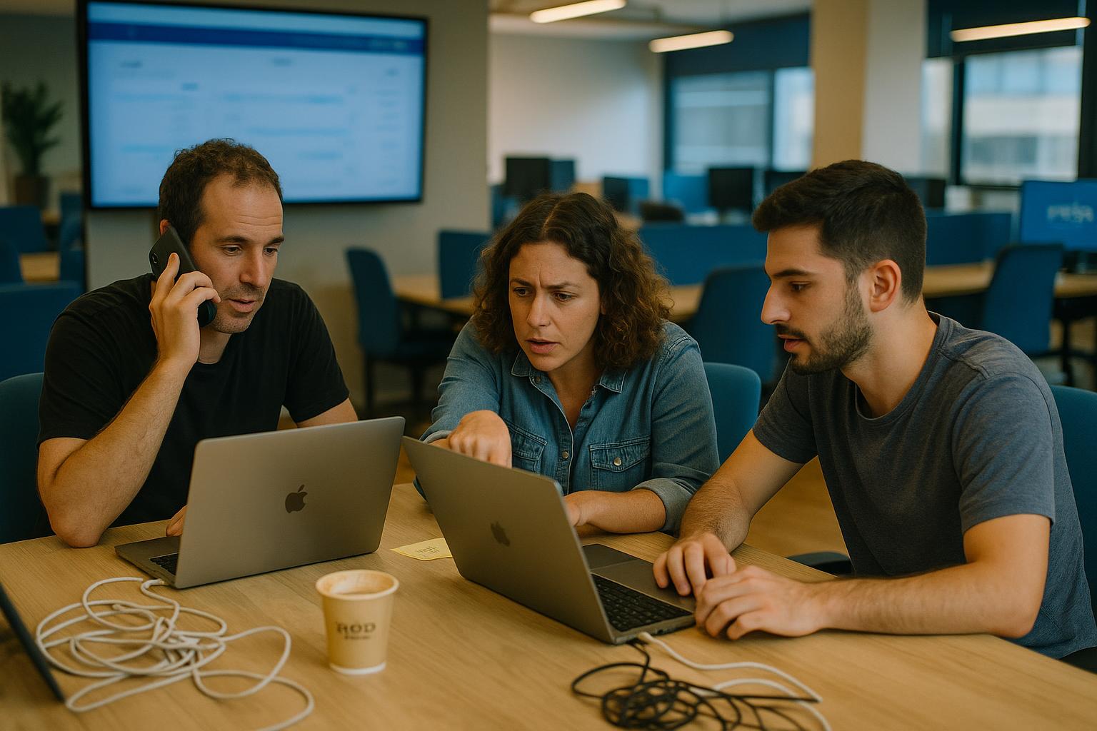 צוות מכירות קטן עובד עם מערכת crm בעברית על מחשב ומוביל תהליך מכירה יעיל