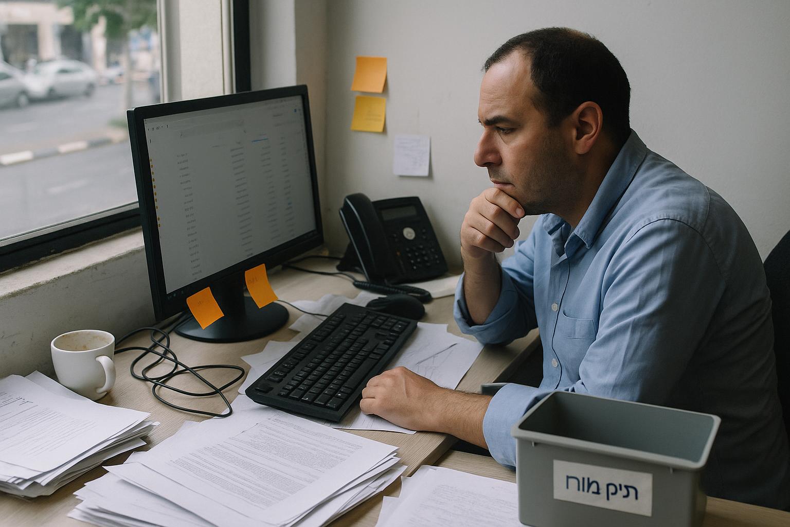 צוות מכירות קטן בודק לידים בתוך תוכנת ניהול לקוחות בעברית על גבי מסך מחשב