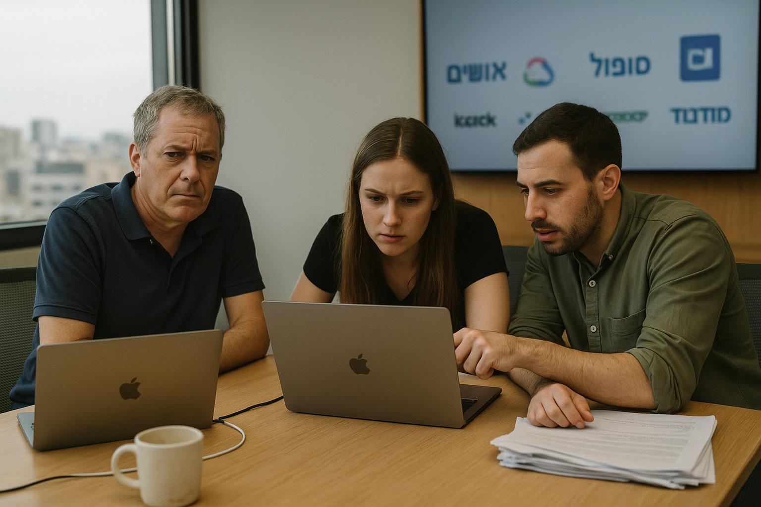 צוות עובדים ישראלים סביב מחשב עם תוכנה לניהול עסק בענן בעברית